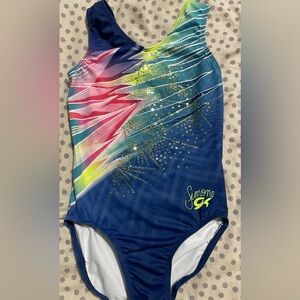 GK Simone Biles Leotard. Blue and Pink Bodysuit with Dynamic Burst Design